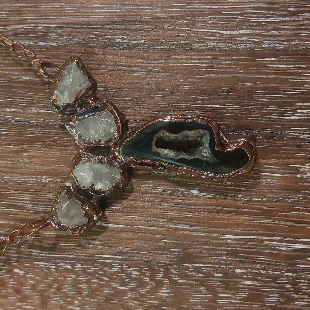 Black Agate Druzy and Raw Moonstone Electroform Copper Necklace - Picture 2 of 6